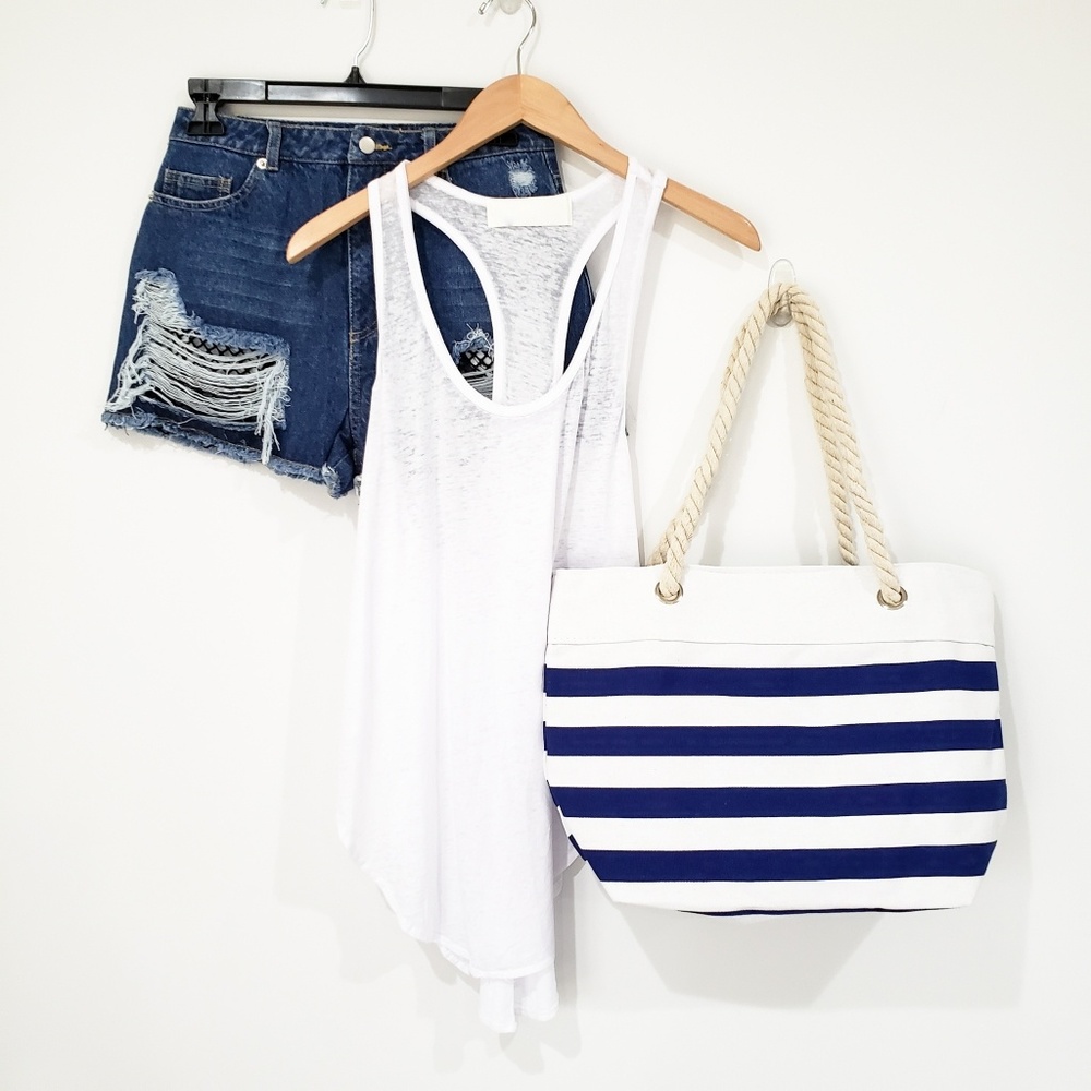 BEACH BUM ROPE & CANVAS STRIPED TOTE (NAVY BLUE)